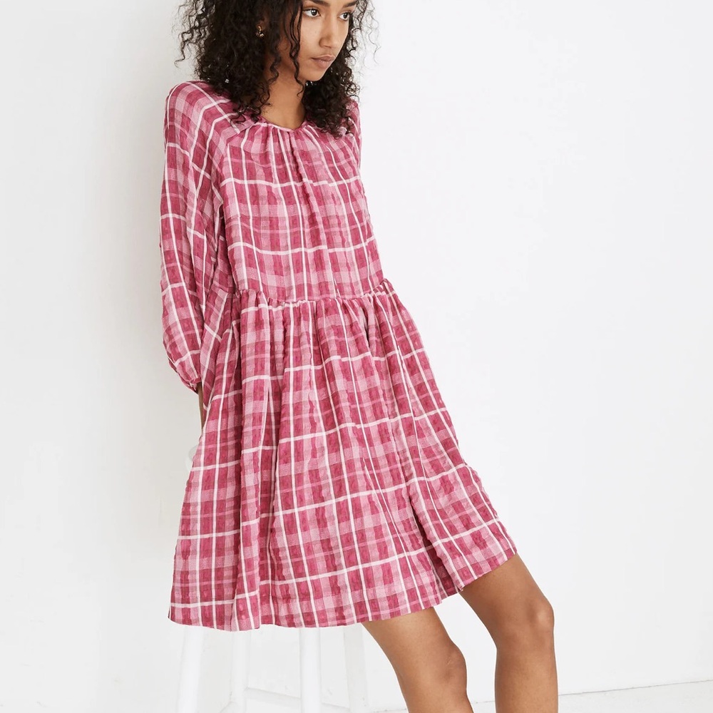 Madewell Pink Plaid Shirred Babydoll Mini Dress